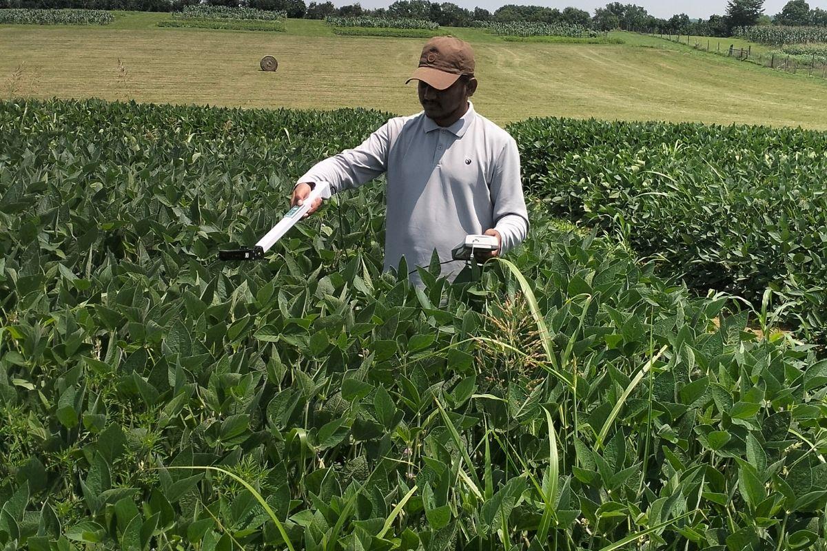 Deepak measuring LAI using LAI-2200C Plant Canopy Analyzer